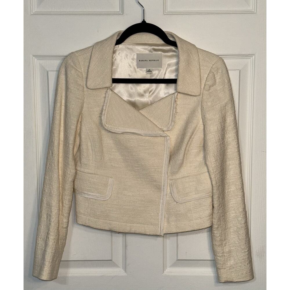 Banana Republic Ivory Cream Moto Jacket Tweed Chic Boho Wow Size 0/XS Snap Close
